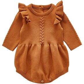 Baby Girl Long Sleeve Ruffle Bodysuit Dress Pleated Hem Pink Tutu Fall Clothes My First Thanksgiving Ugly Christmas Outfits 0-3 Months Snap Up Knit Sweater Winter Romper Yellow 6-12 Months