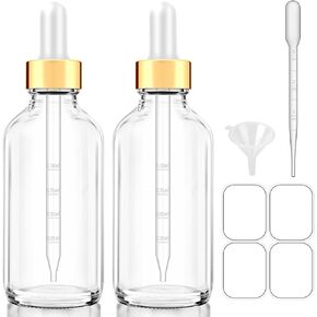 Glass Bottle with Dropper, 4 oz Pink Tincture Bottle for Essential Oils with Labels and Funnels, 2 Pack Eye Dropper Bottles with Golden Top (Unbreakable Plastic Eye Dropper with Measurements)