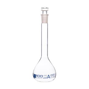 Eisco Labs - 100mL Class A Volumetric Flask, 14/23 Socket, Hexagonal Hollow Stopper, Borosilicate Glass, Blue Printing, ISO 1042 Certified, Precise Solution Preparation, Analytical Chemistry, Lab Use