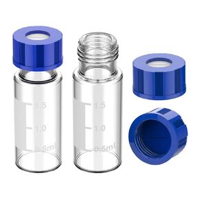 Membrane Solutions Autosampler Vials, 2ml HPLC Vials, 9-425 Lab Clear Vials with Write-on Spot and Graduations, 9mm Blue ABS Screw Caps & Septa for GC Sample Vials, 100 Pcs