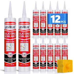 Silicone Caulk & Seal - 100% Waterproof Silicone Sealant, Shrink & Crack Proof, No Color Change Silicone Sealant Caulking for Kitchen & Bathroom, 10oz Cartridge, Clear, 12 Pack