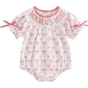 Newborn Baby Girl Romper Mamas Mini Bow Plaid Print Puff Sleeve Smocked Bubble Romper Jumpsuit Bodysuit Clothes