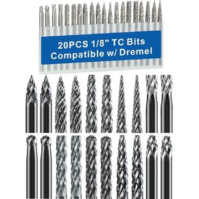 20 Pcs 1/8" Shank Carbide Burr Bits Compatible with Dremel Milwaukee Bits Metal Grinding Bits Wood Stone Carving Cutting Engraving Grinder Kit Attachment Rotary Tool