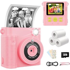 WONNIE Kids Camera Instant Print, Toddler Portable Camera Toys for Ages 8-13, 1080P Selfie Digital Camera with 2.4" Screen, 32GB Card, Christma-s Birthday Gifts for 3 4 5 6 7 8 9 Year Old Gils Pink