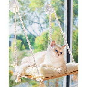 Cat Window Perch – Sturdy Cat Hammock with 4 Strong Suction Cups, Plush Faux Fur Cushion & Solid Wood Seat – Rustic Pet Bed for Indoor Cats