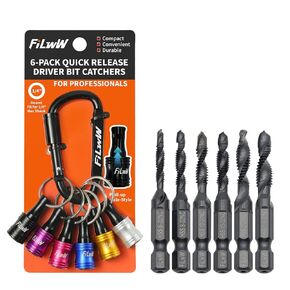6pcs HSS Combination Drill & Tap Bit Set with Bit Holder Keychain, 1/4" Hex Shank Screw Tapping in SAE Size 6-32nc 8-32nc 10-24nc 10-32nc 12-24nc 1/4-20nc with Anti-Rust Black Coating