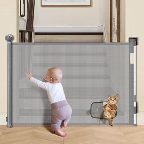 VIVOHOME 30 Seconds Automatic Locking Baby Gate, 71" Retractable Baby Gate with Cat Aisle, Mesh Baby Gate for Doorways, Stairs, Hallways, Open Kitchen