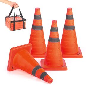 BATTIFE [4 Pack] 28 Inch Collapsible Traffic Safety Orange Cones, Multi Purpose Pop-up Cones and Reflective Collar, for Road Parking, Driving Practice