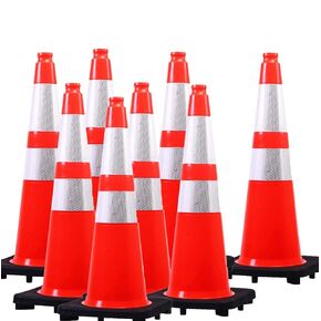 (8 Cones) BESEA 28" inch Orange PVC Traffic Cones, Black Base Construction Safety Cones Road Parking Cone Structurally Stable Wearproof (28" Height)