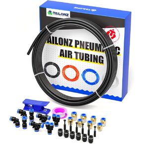 TAILONZ PNEUMATIC Blue 3/8 Inch OD 10 Meter 32.8ft PU Polyurethane Air Tubing Kit Pipe Hose Air Line Tubing Air Hose Fittings Push to Connect Fittings(27PCS)
