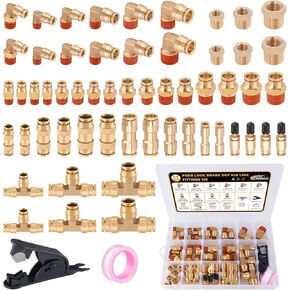 CheeMuii 76 Pcs Brass DOT Air Line Fittings Kit Push Lock DOT Air Fittings Push to Connect Fittings NPT Thread & Quick Connect Air Hose Fittings for DOT Air Line Air Hose Pneumatic Tubing