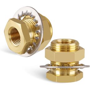 KOOTNAS 2-Pack Solid Brass Bulkhead Fittings, 1/4 NPT Taper Female 3/4" Straight Male Thread Brass Water Tank Connector with 4 Rubber Rings and Silicone Rings, for Tank Body, Wooden Barrels, etc