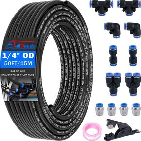 Air Line Tubing Kit, 3/8" OD DOT Air Line 50 FT(15 m) SAE j844 PA Nylon Air Hose Tubing and Push to Connect Fittings for Air Brake System Or Fluid Transfer, 29 Pcs Compressed Accessories Kit