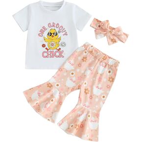 Toddler Baby Girl Easter Outfits Short Sleeve T Shirt Top + Bunny Print Bell-Bottom Flared Pants Summer Clothes Set