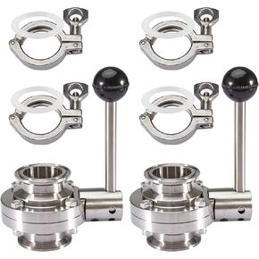 Pindex 2 Pack 1.5 Inch Tri-Clamp Butterfly Valves with 4 Pcs Pull Handle 1.5" Tri Clamp and Silicone Gasket 304 Stainless Steel Sanitary TC Fittings