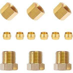 1/4" OD Brass Compression Tube Nut Fitting Kit, 7/16"-24 UNS Thread, 3 Pack