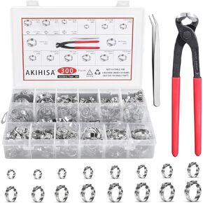 300pcs 16 Sizes Single Ear Hose Clamps, 5.3-36.1mm Stainless Steel_304 Crimp Hose Clamps Cinch Rings Assortment Kit for Automotive, Pipe, Plumbing