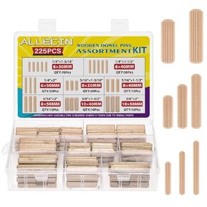 8 Values Wood Dowels Kit 1/4 3/8 5/16 Inch Fluted Wooden Dowel Pins Pegs Assortment for Furniture Woodworking DIY Crafts (Pack of 225Pcs)