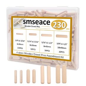smseace 230Pcs Wooden Dowel Pins 1/4inch 5/16inch 3/8inch, Fluted Wood Dowels Rods for Crafts, Furniture, DIY Manual