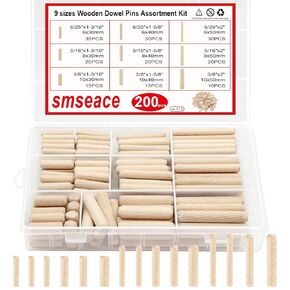 smseace 200Pcs Wooden Dowel Pins with Tapered End with Bevel Angle Groove Wood Pegs - 9 Sizes 6/25inch 5/16inch 3/8inch(6mm, 8mm, 10mm) Used for Crafts, Furniture, Door, DIY