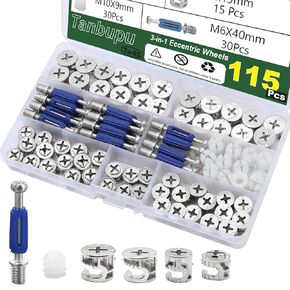115Pcs Cam Locks for Furniture, 3-in-1 Eccentric Wheels Bolt, Cam Lock Nuts and Cam Screws,Connecting Fastener Cabinet Connectors Hardware,Multi-Size Nut & Bolt Assortment Sets