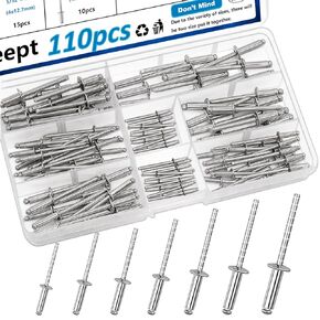 110pcs Steel Rivets 7-Sizes 304 Stainless Steel Pop Rivets Assortment Kit 1/8",5/32",3/16" Pop Rivets Stainless Steel Blind Rivets kit Rosette Rivets Stainless Steel Rivet