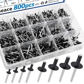 smseace 800pcs Pop Rivets with Large Flange Rivets Assortment Kit 7-Sizes Rivets with Large Head(1/8" 3/16" 1/4") 8-Sizes Small Rivets (3/32" 1/8" 5/32" 3/16") Aluminum Pop Rivets Assortment kit