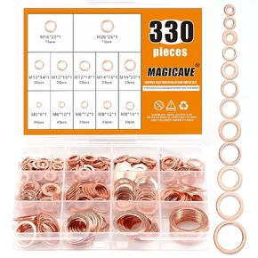 330 Pieces 12 Sizes Copper Washers, Crush Washer, Premium Copper Metric Flat Washers, Copper Sealing Washers Assortment Kit (M5 M6 M8 M10 M12 M14 M16 M20)