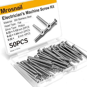 50PCS Machine Screws, Extra Long 6-32 x 1-1/2", 1-3/4", 2", Stainless Steel Outlet Extender Screws for Fixing Wonky and Sunken Electrical Outlets, Device Mounting, and Receptacle Repairs