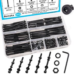 420PCS Black M3 Hex Socket Head Cap Screws, M3 x 30/35/40/45/50mm Metric Screws Bolts Nuts Washers Assortment Kit, 12.9 Grade Alloy Steel