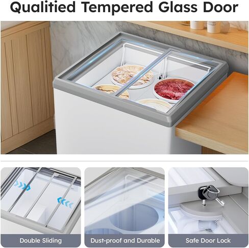 Commercial Ice Cream Dipping Cabinet Display Case, Slide Glass Top ice cream display freezer, 4 Large Displayed Tubs, 2 Storing Tube, Gelato Freezer Display Case, 5.7 Cu. Ft. Rolling, Lockable Wheels in Kuwait