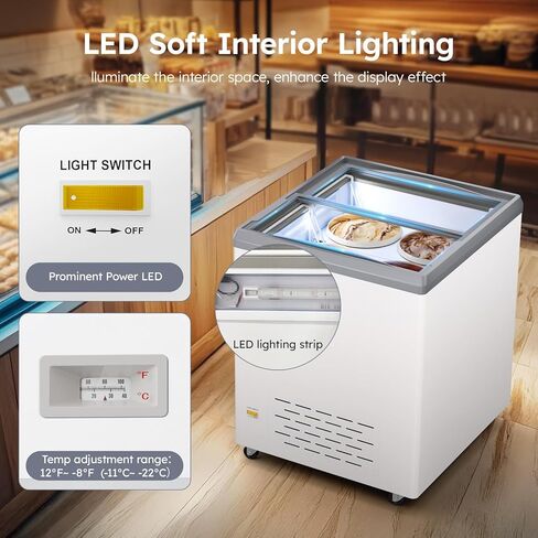 Commercial Ice Cream Dipping Cabinet Display Case, Slide Glass Top ice cream display freezer, 4 Large Displayed Tubs, 2 Storing Tube, Gelato Freezer Display Case, 5.7 Cu. Ft. Rolling, Lockable Wheels in Kuwait