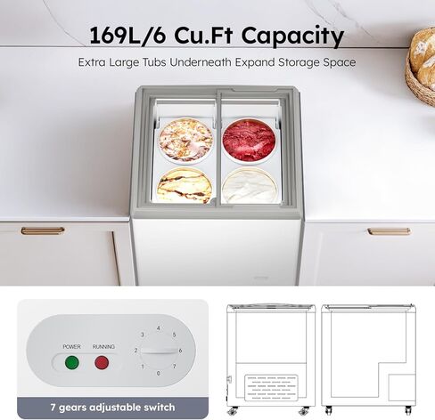 Commercial Ice Cream Dipping Cabinet Display Case, Slide Glass Top ice cream display freezer, 4 Large Displayed Tubs, 2 Storing Tube, Gelato Freezer Display Case, 5.7 Cu. Ft. Rolling, Lockable Wheels in Kuwait