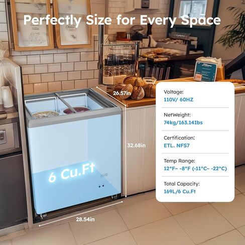 Commercial Ice Cream Dipping Cabinet Display Case, Slide Glass Top ice cream display freezer, 4 Large Displayed Tubs, 2 Storing Tube, Gelato Freezer Display Case, 5.7 Cu. Ft. Rolling, Lockable Wheels in Kuwait