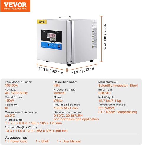 VEVOR Lab Incubator, 6L, PID Temperature Control 0-65℃, Scientific Digital Incubator, Constant-Temperature Microbiological Laboratory Incubator for Lab Cell Culture Seed Germination Medical Science in Saudi Arabia