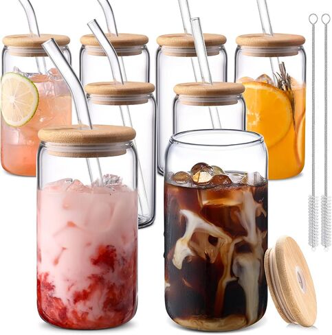 Glass Cups with Lids and Straws 4 pcs,16 oz Glass Cups for Coffee Bar Accessories-DWTS DANWEITESI Iced Coffee Cups with Lids,Drinking glasses Set,Coffee Cups Glass Tumbler with Straw and Lid for Gifts in Saudi Arabia