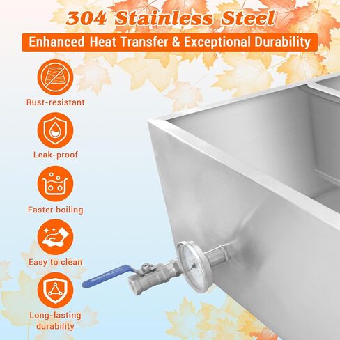 وعاء مبخر شراب القيقب مقاس 48 × 24 × 9.4 بوصة، وعاء غليان شراب القيقب من الفولاذ المقاوم للصدأ 304، وعاء شراب القيقب سعة 47 جالونًا مع صمام 3/4 بوصة ومقياس حرارة لصنع شراب القيقب الحلو in Kuwait