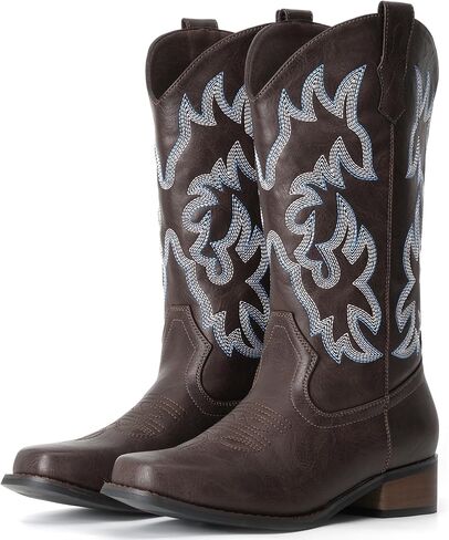 IUV Cowboy Boots For Women Square Toe Cowgirl Boots Mid Calf Western Boots Pull On Fashion Cowboy Boots in Kuwait