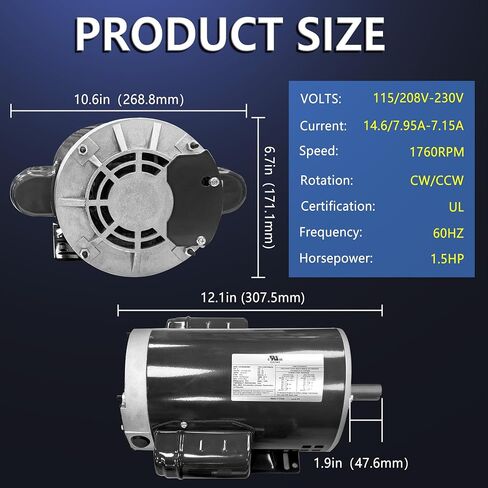 1/2HP Electric Single Phase Motor Electric AC Motor Air Compressor Motor, 115V/230V, 60HZ, 1625RPM, 5/8" Shaft Diameter, 2.8" Shaft Length, CW/CCW, UL Listed in Kuwait