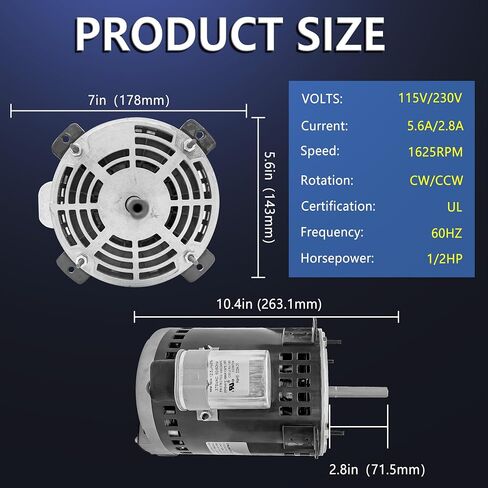 1/2HP Electric Single Phase Motor Electric AC Motor Air Compressor Motor, 115V/230V, 60HZ, 1625RPM, 5/8" Shaft Diameter, 2.8" Shaft Length, CW/CCW, UL Listed in Kuwait