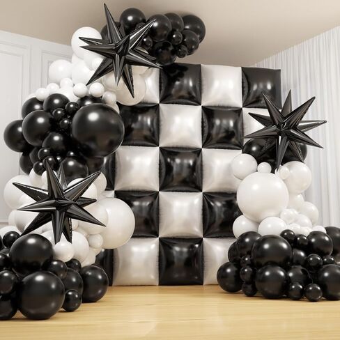 Black and White Checkered Square Foil Balloons Backdrop Wall, Double Sided Tunnel with Black White Balloon Arch Garland Kit for Checkerboard Racing Themed Celebration Graduation Party Decorations in Saudi Arabia