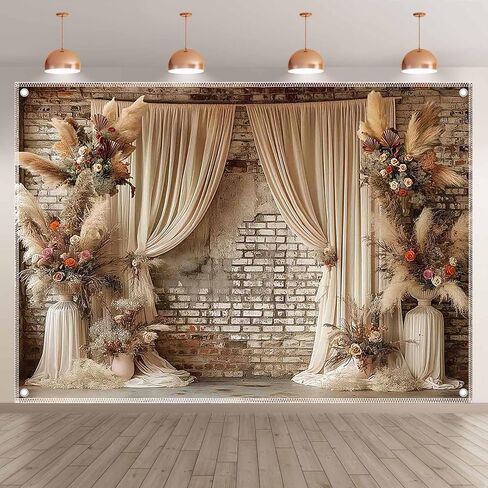 7x5ft Fabric Digital Printing Boho Floral Wedding Backdrop Pampas Grass Curtain Photography Background Bridal Shower Party Decoration Photo Banner in Saudi Arabia
