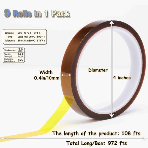 Valley'sYuMiao 6Rolls,10mm×108fts, Heat Tape for Sublimation, Heat Transfer Tape, Heat Resistant Tape, No Residue, Thermal, Total Length 648fts in Kuwait