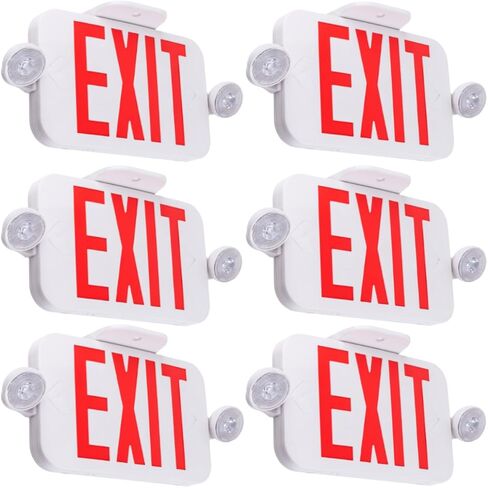 LIT-PaTH LED Combo EXIT Sign with 2 Adjustable Head Lights and Doube Face, Back Up Batteries- US Standard Red Letter Emergency Exit Lighting, UL 924 and CEC Qualified, 120-277 Voltage, 6-Pack in Kuwait
