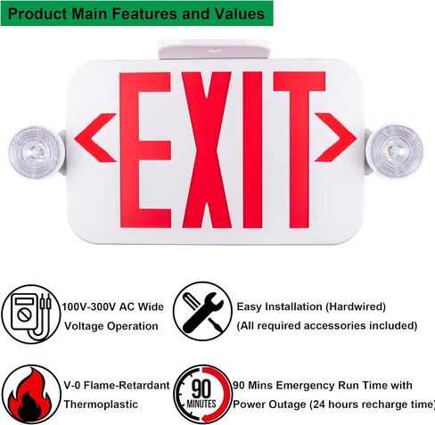 LIT-PaTH LED Combo EXIT Sign with 2 Adjustable Head Lights and Doube Face, Back Up Batteries- US Standard Red Letter Emergency Exit Lighting, UL 924 and CEC Qualified, 120-277 Voltage, 6-Pack in Kuwait