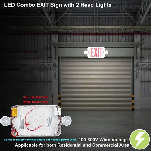 LIT-PaTH LED Combo EXIT Sign with 2 Adjustable Head Lights and Doube Face, Back Up Batteries- US Standard Red Letter Emergency Exit Lighting, UL 924 and CEC Qualified, 120-277 Voltage, 6-Pack in Kuwait