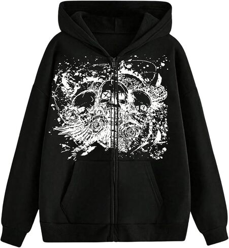SHENHE Women's Zip Up Hoodie Sweatshirt Long Sleeve Skull Print Hooded Jacket in Saudi Arabia