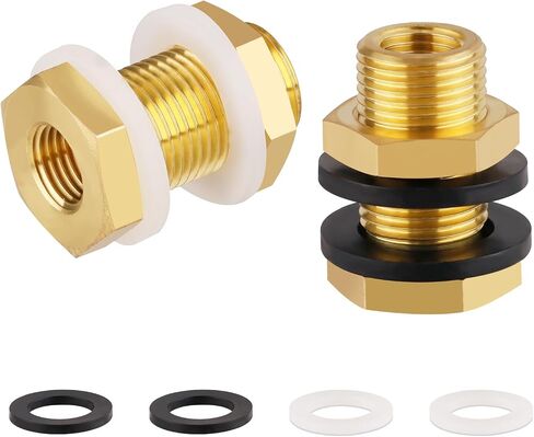 KOOTNAS 2-Pack Solid Brass Bulkhead Fittings, 1/4 NPT Taper Female 3/4" Straight Male Thread Brass Water Tank Connector with 4 Rubber Rings and Silicone Rings, for Tank Body, Wooden Barrels, etc in Saudi Arabia