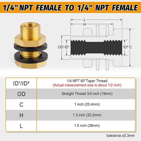 KOOTNAS 2-Pack Solid Brass Bulkhead Fittings, 1/4 NPT Taper Female 3/4" Straight Male Thread Brass Water Tank Connector with 4 Rubber Rings and Silicone Rings, for Tank Body, Wooden Barrels, etc in Saudi Arabia