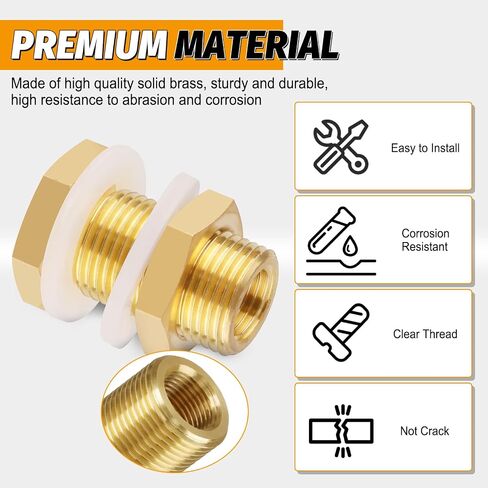 KOOTNAS 2-Pack Solid Brass Bulkhead Fittings, 1/4 NPT Taper Female 3/4" Straight Male Thread Brass Water Tank Connector with 4 Rubber Rings and Silicone Rings, for Tank Body, Wooden Barrels, etc in Saudi Arabia